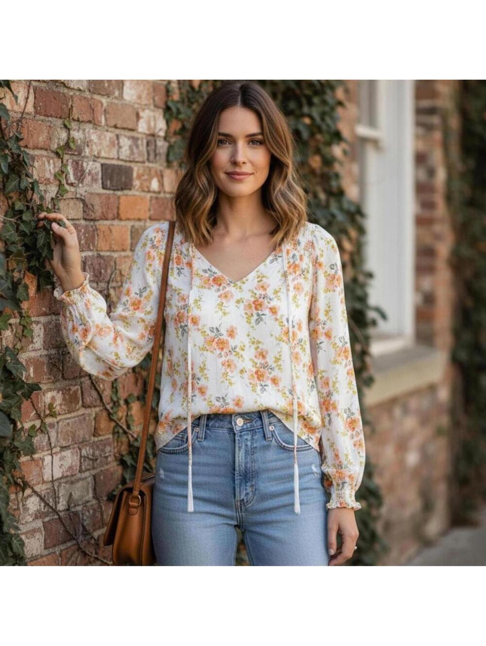 Cupcakes and Cashmere Floral Long Sleeve Boho Blouse Size M Cottagecore